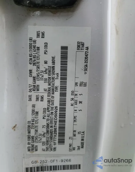 2017 Ford F250 Super Duty from USA, damaged, VIN 1FT7X2B67HED50926